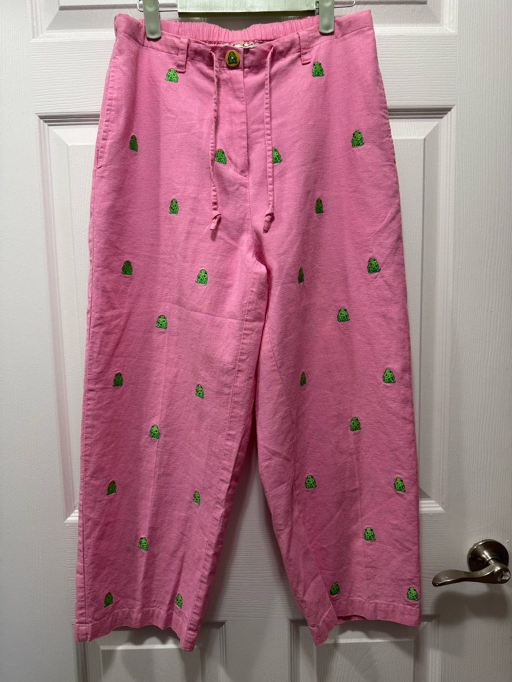 Y2K SunBay Sport Linen Beach Pants Pink Green Frogs Size Medium